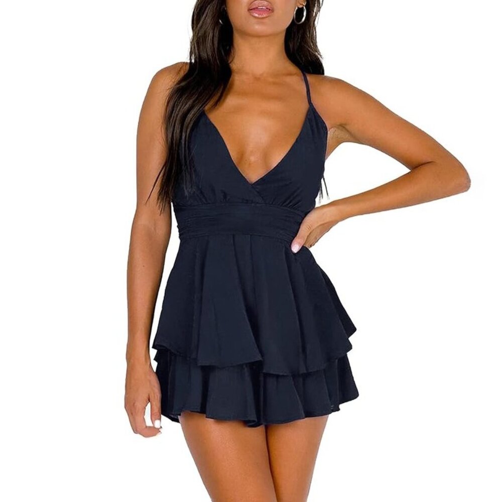 RELIPOP Wrap V-Neck Adjustable Strap Waist Tie Knot Zip Layered Ruffle Romper XL
